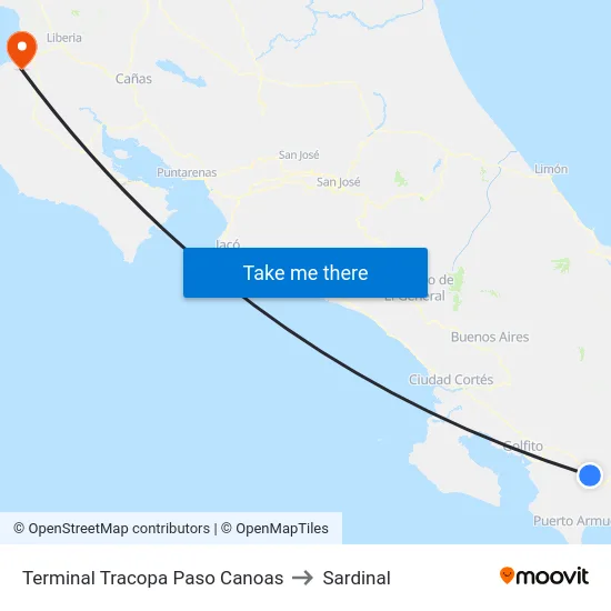 Terminal Tracopa Paso Canoas to Sardinal map