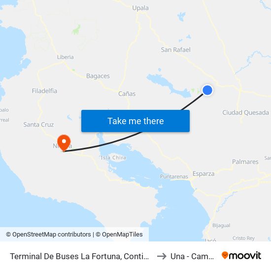 Terminal De Buses La Fortuna, Contiguo A Megasuper La Fortuna to Una - Campus Nicoya map