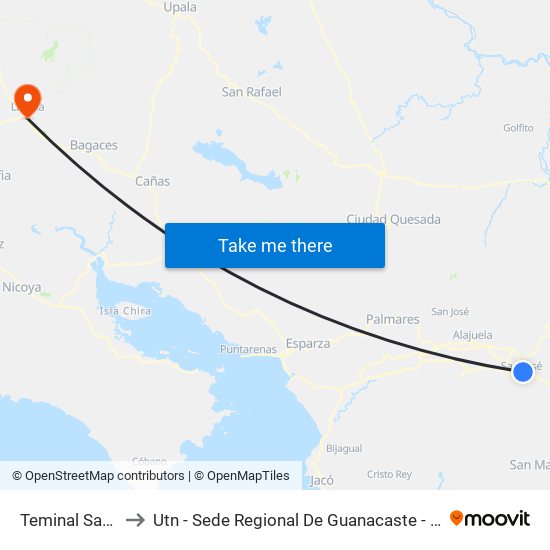 Teminal San José to Utn - Sede Regional De Guanacaste - Recinto Liberia map