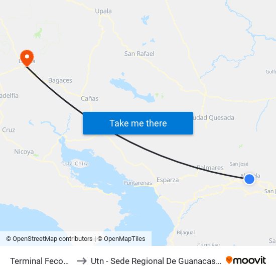 Terminal Fecosa Alajuela to Utn - Sede Regional De Guanacaste - Recinto Liberia map