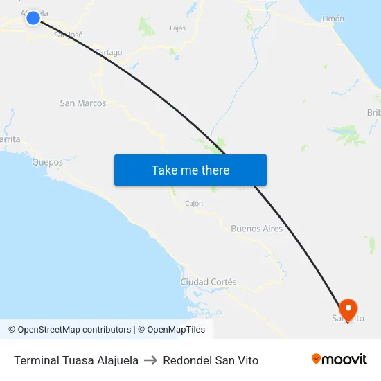 Terminal Tuasa Alajuela to Redondel San Vito map
