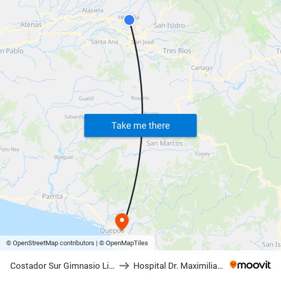 Costador Sur Gimnasio Liceo De Heredia to Hospital Dr. Maximiliano Terán Valls map