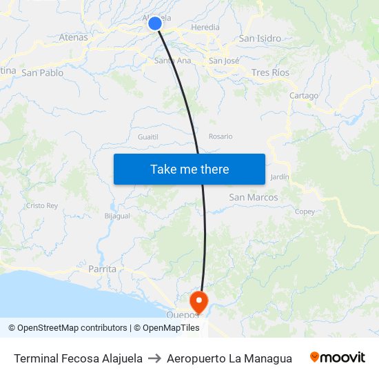 Terminal Fecosa Alajuela to Aeropuerto La Managua map