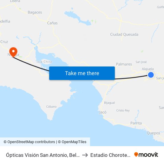 Ópticas Visión San Antonio, Belén to Estadio Chorotega map