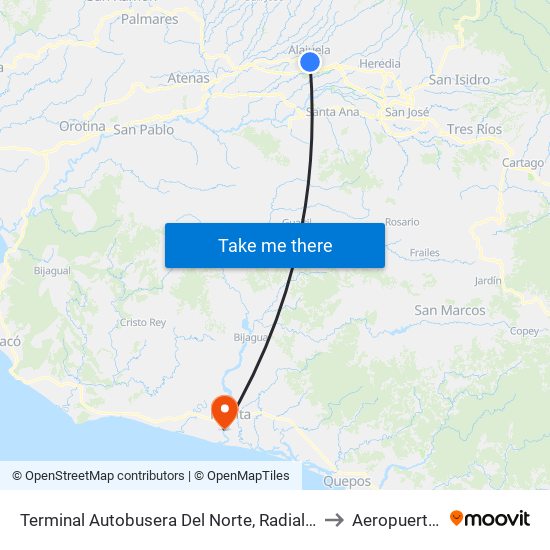 Terminal Autobusera Del Norte, Radial Francisco J. Orlich Alajuela to Aeropuerto La Ligia map