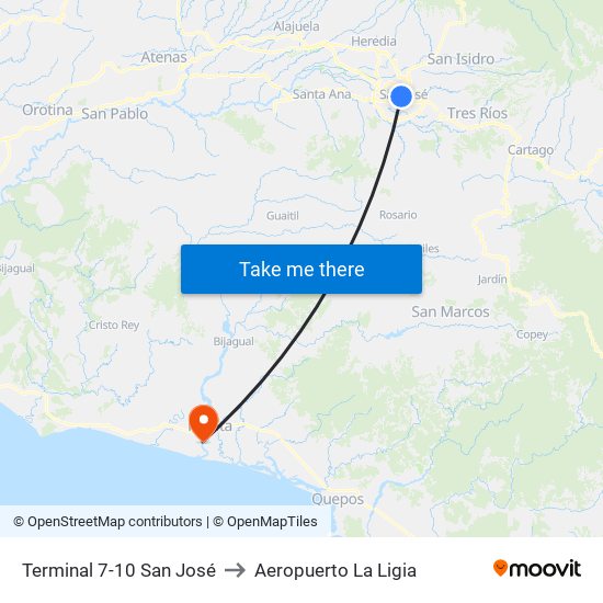 Terminal 7-10 San José to Aeropuerto La Ligia map