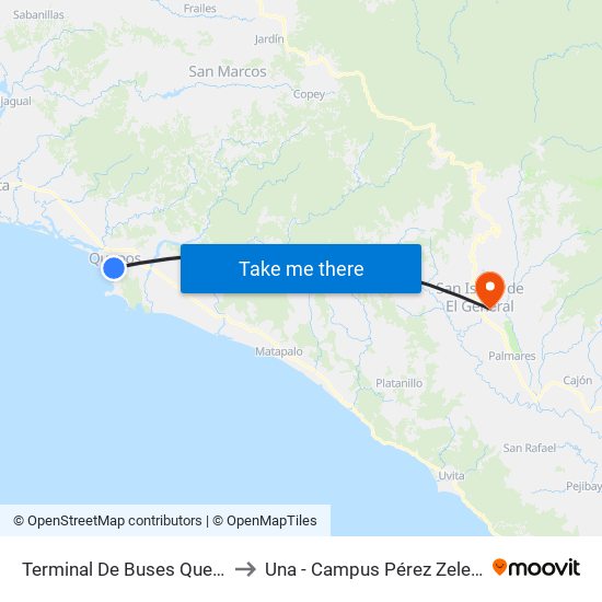 Terminal De Buses Quepos to Una - Campus Pérez Zeledón map