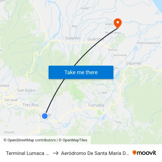 Terminal Lumaca Cartago to Aeródromo De Santa María De Guácimo map