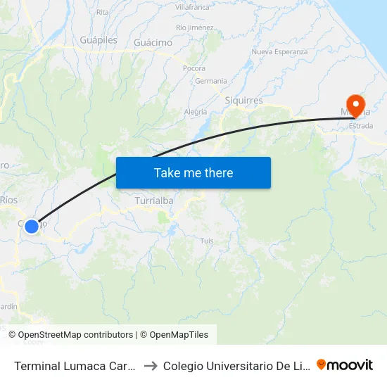 Terminal Lumaca Cartago to Colegio Universitario De Limón map