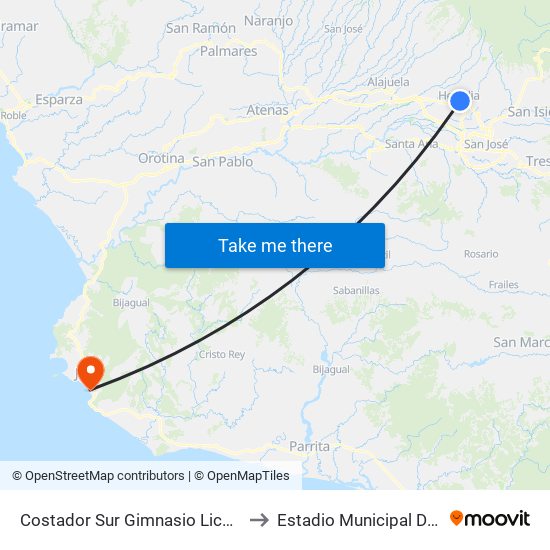 Costador Sur Gimnasio Liceo De Heredia to Estadio Municipal De Garabito map