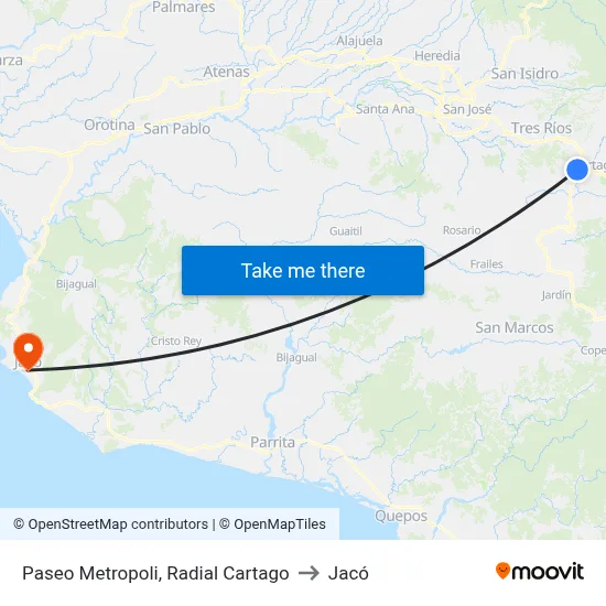 Paseo Metropoli, Radial Cartago to Jacó map