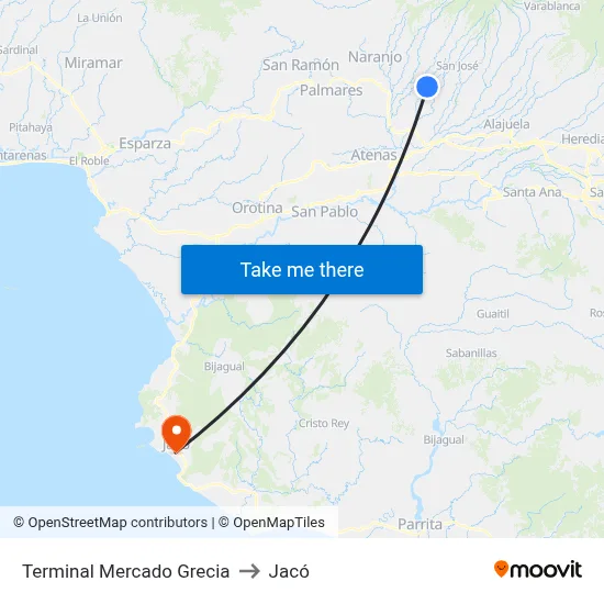 Terminal Mercado Grecia to Jacó map