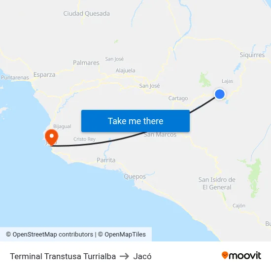 Terminal Transtusa Turrialba to Jacó map