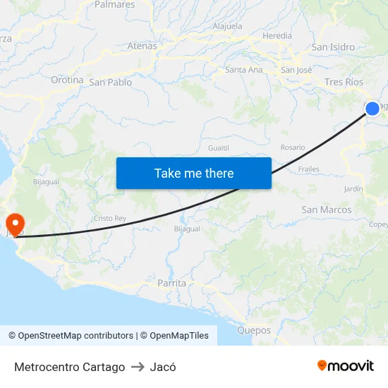 Metrocentro Cartago to Jacó map