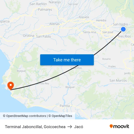 Terminal Jaboncillal, Goicoechea to Jacó map