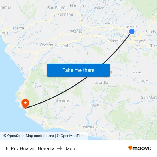 El Rey Guararí, Heredia to Jacó map