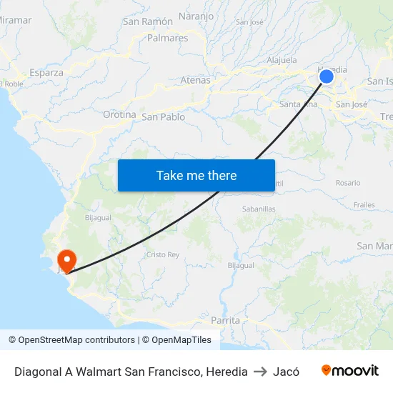 Diagonal A Walmart San Francisco, Heredia to Jacó map