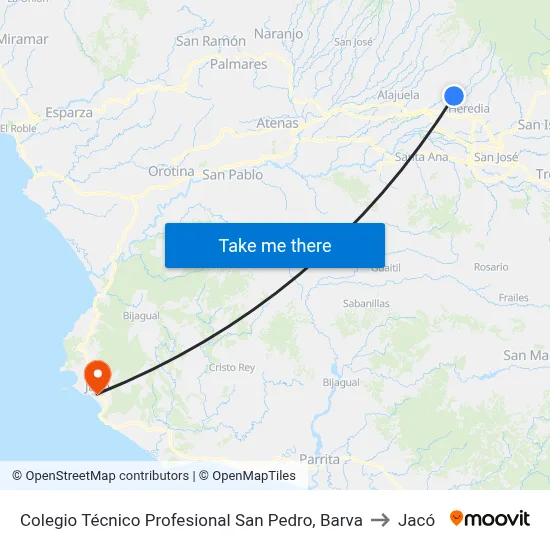 Colegio Técnico Profesional San Pedro, Barva to Jacó map