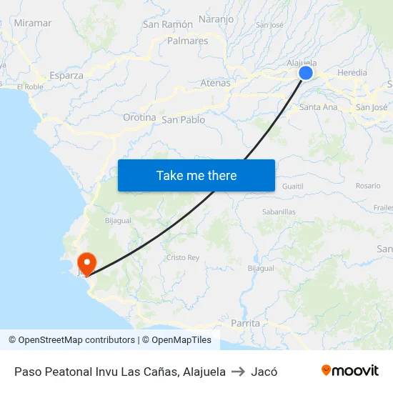 Paso Peatonal Invu Las Cañas, Alajuela to Jacó map
