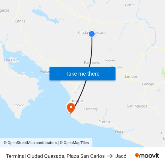 Terminal Ciudad Quesada, Plaza San Carlos to Jacó map