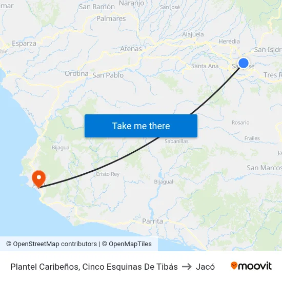 Plantel Caribeños, Cinco Esquinas De Tibás to Jacó map