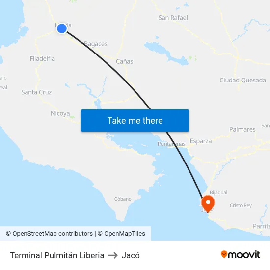 Terminal Pulmitán Liberia to Jacó map