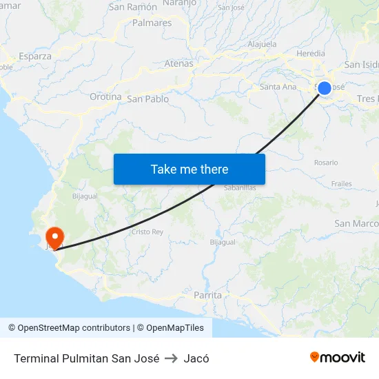 Terminal Pulmitan San José to Jacó map