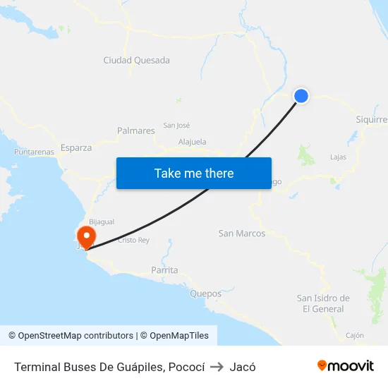 Terminal Buses De Guápiles, Pococí to Jacó map