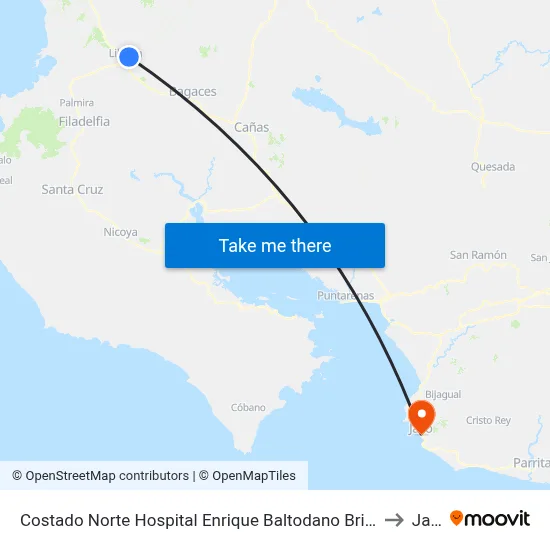 Costado Norte Hospital Enrique Baltodano Briceño, Liberia to Jacó map