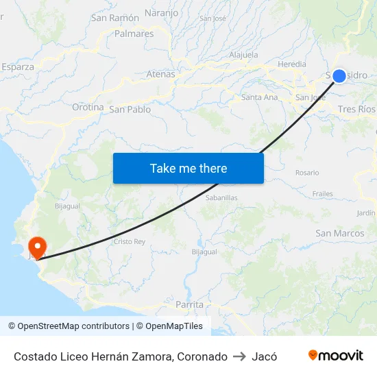 Costado Liceo Hernán Zamora, Coronado to Jacó map