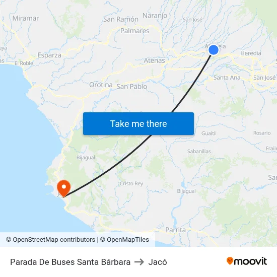 Parada De Buses Santa Bárbara to Jacó map