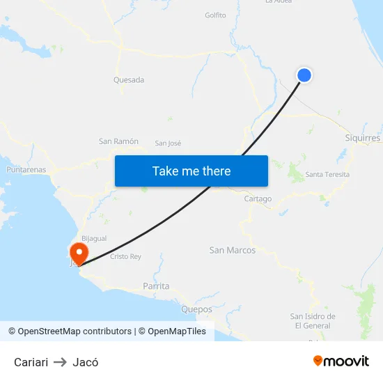 Cariari to Jacó map