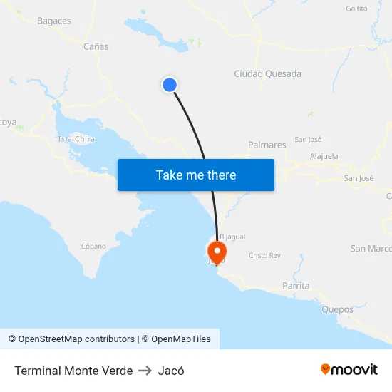 Terminal Monte Verde to Jacó map