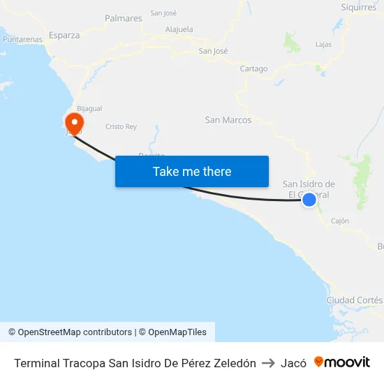 Terminal Tracopa San Isidro De Pérez Zeledón to Jacó map