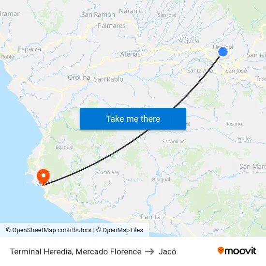 Terminal Heredia, Mercado Florence to Jacó map