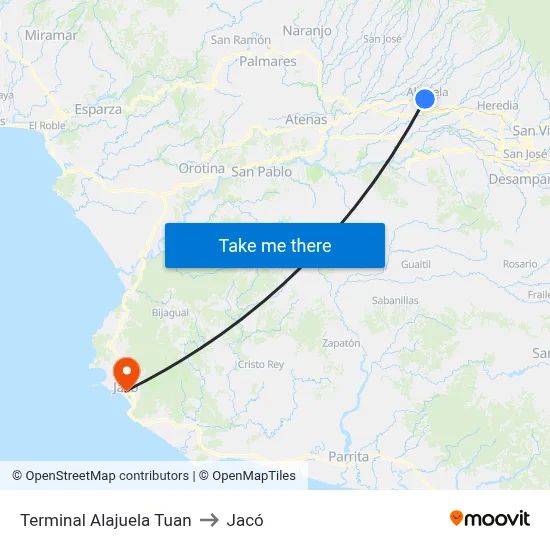 Terminal Alajuela Tuan to Jacó map