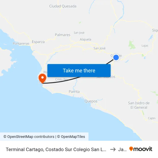 Terminal Cartago, Costado Sur Colegio San Luis Gonzaga to Jacó map
