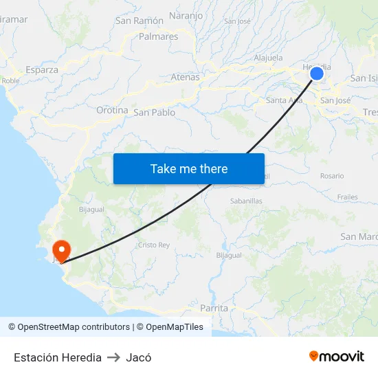 Estación Heredia to Jacó map