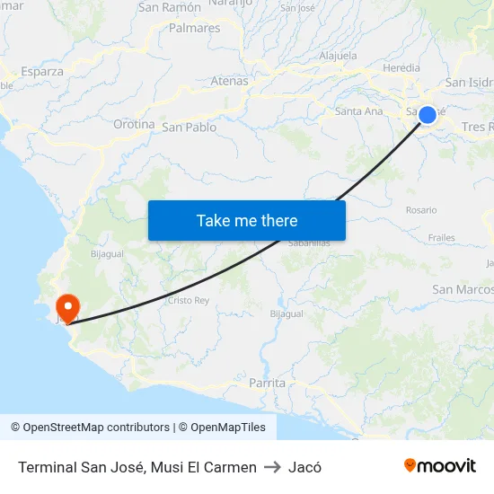Terminal San José, Musi El Carmen to Jacó map