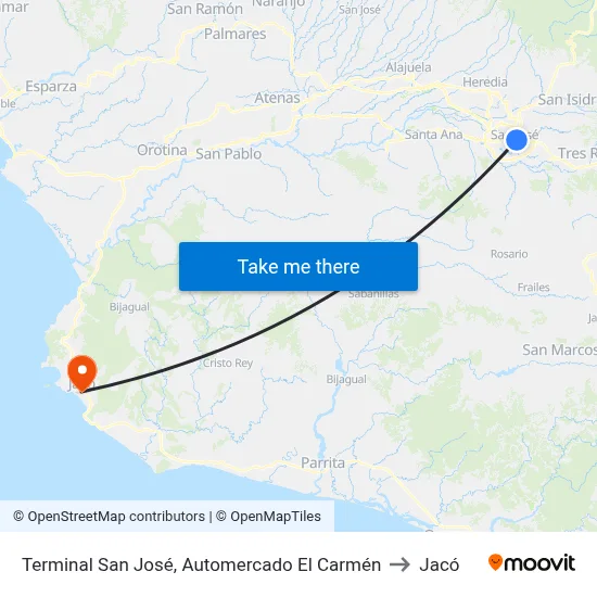 Terminal San José, Automercado El Carmén to Jacó map