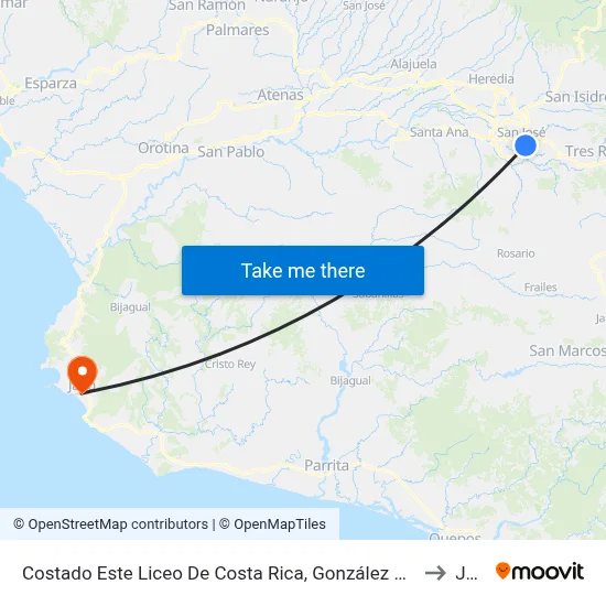 Costado Este Liceo De Costa Rica, González Víquez San José to Jacó map