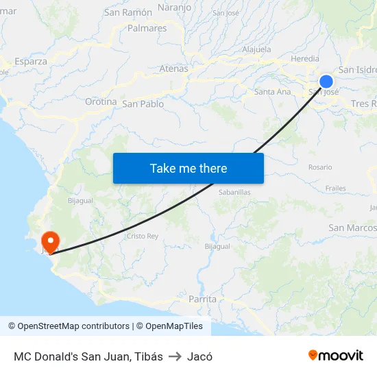 MC Donald's San Juan, Tibás to Jacó map