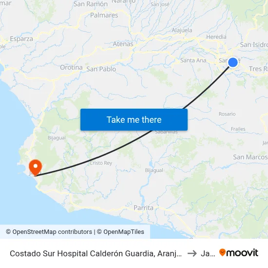 Costado Sur Hospital Calderón Guardia, Aranjuez San José to Jacó map