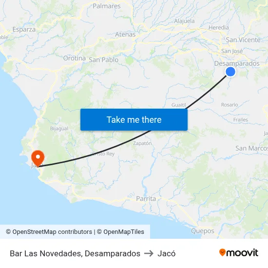 Bar Las Novedades, Desamparados to Jacó map