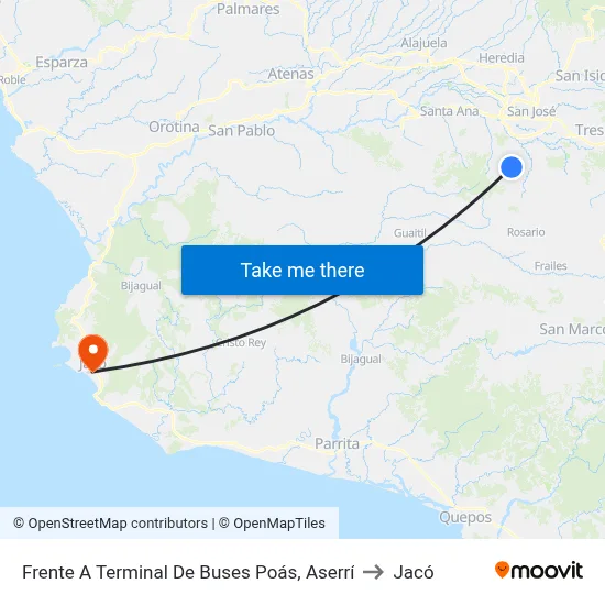 Frente A Terminal De Buses Poás, Aserrí to Jacó map