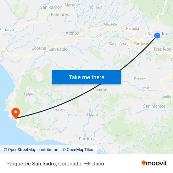 Parque De San Isidro, Coronado to Jacó map