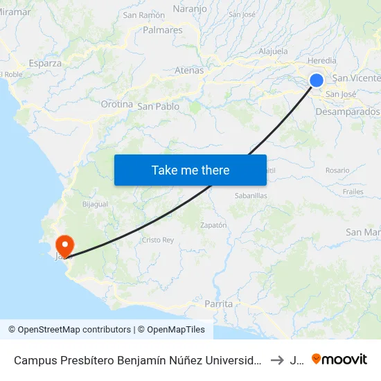 Campus Presbítero Benjamín Núñez Universidad Nacional, Lagunilla Heredia to Jacó map