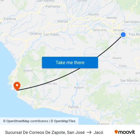 Sucursal De Correos De Zapote, San José to Jacó map
