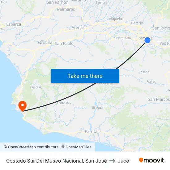 Costado Sur Del Museo Nacional, San José to Jacó map