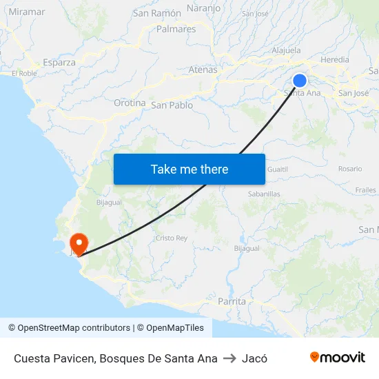 Cuesta Pavicen, Bosques De Santa Ana to Jacó map
